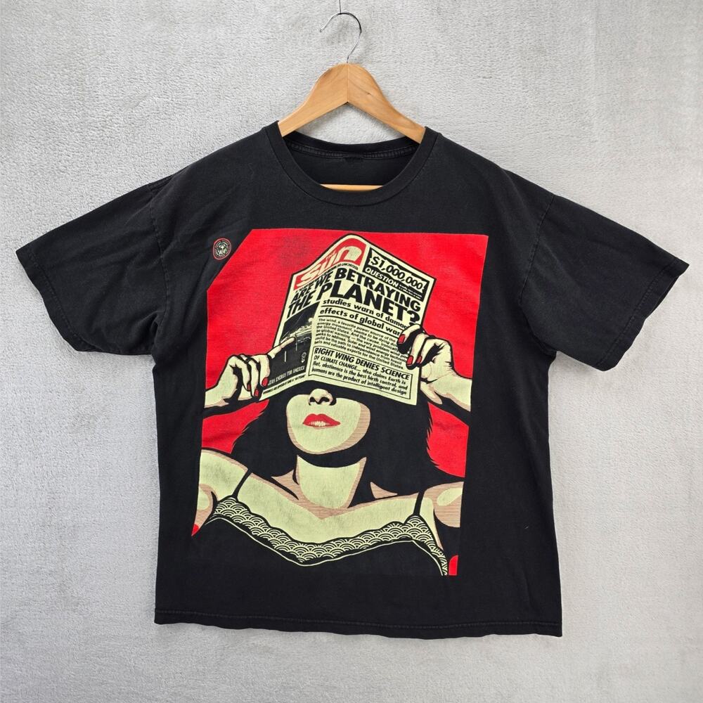 Vintage Obey Shirt Mens Large Black The Sun Are We Betraying The Planet? Y2K